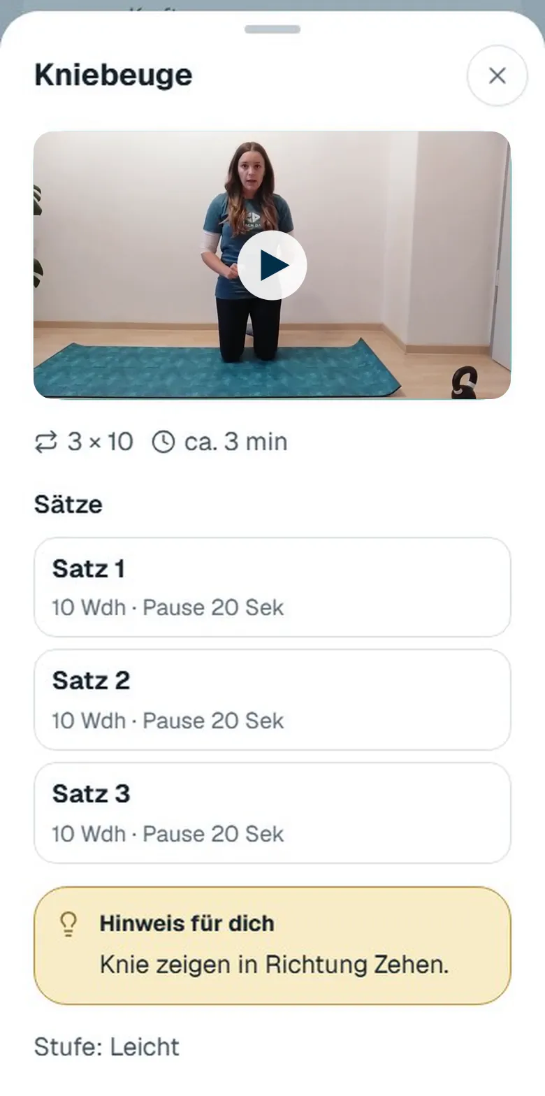Übung in der App: Diana zeigt die Übung im Video, darunter Sätze und ein Hinweis