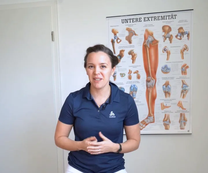 Diana erklärt vor einer Anatomie-Tafel des ganzen Beins